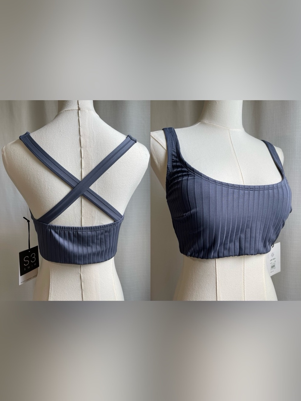 Blue Ribbed Scoop Bikini Top Cross Back Swim Bralette Crop M New